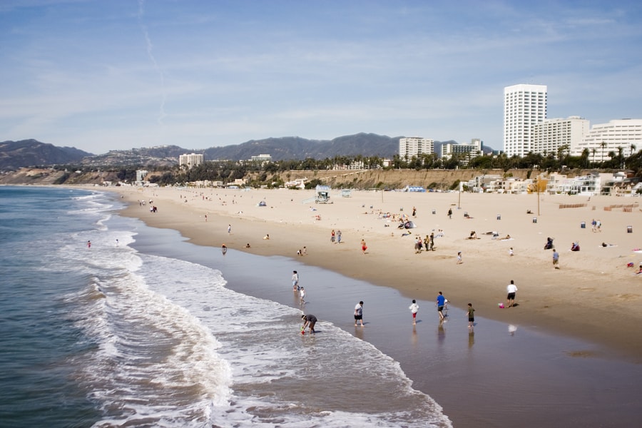 santa monica beach with skylines