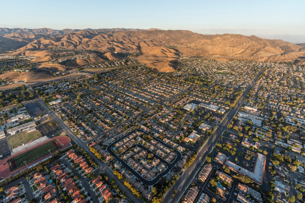 Aerial view of of Simi Valley and Rocky Peak near Los Angeles in