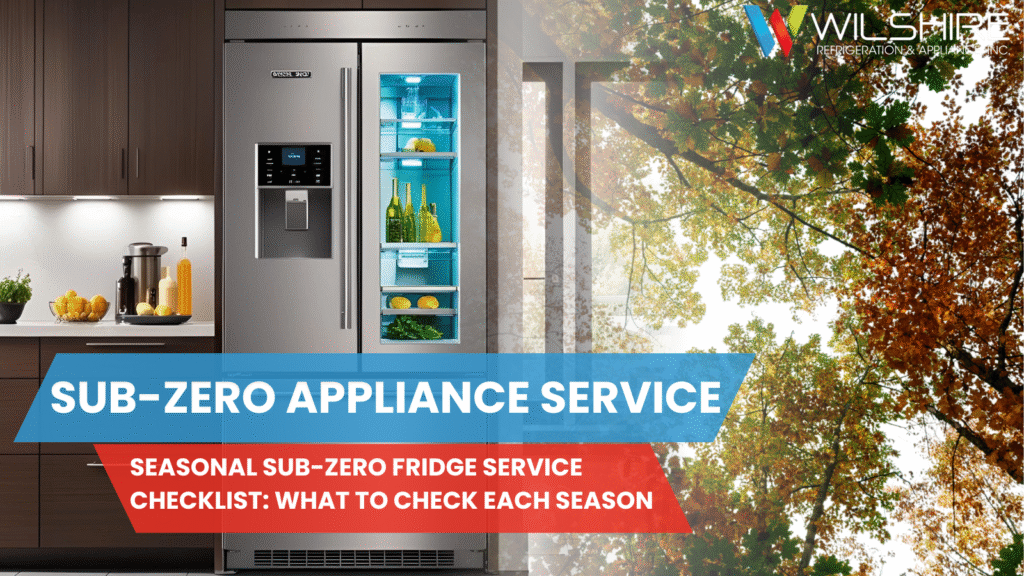 Open Sub-Zero fridge fully stocked with produce, representing seasonal refrigerator maintenance.