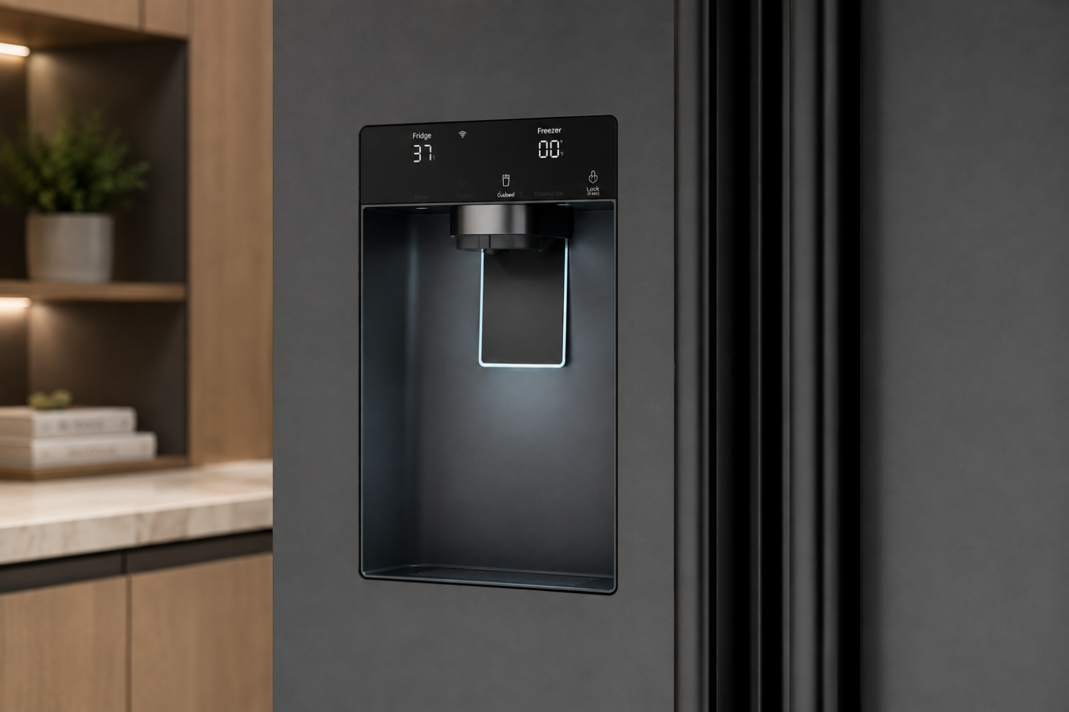 Close-up of a Bosch refrigerator ice maker and water dispenser with digital controls on a dark stainless steel refrigerator.