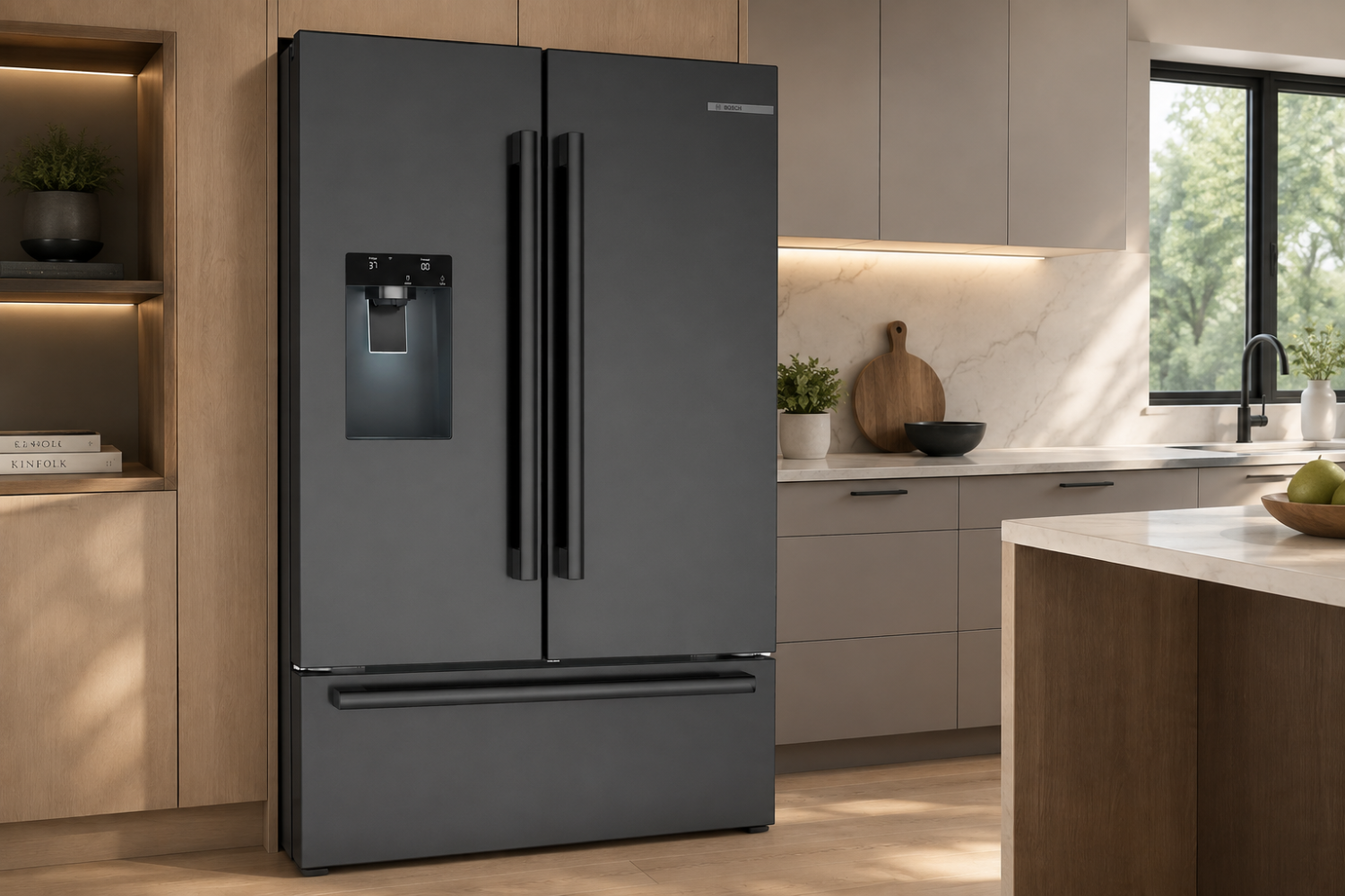 Bosch refrigerator ice maker in a modern kitchen with a dark French-door refrigerator and built-in ice and water dispenser.