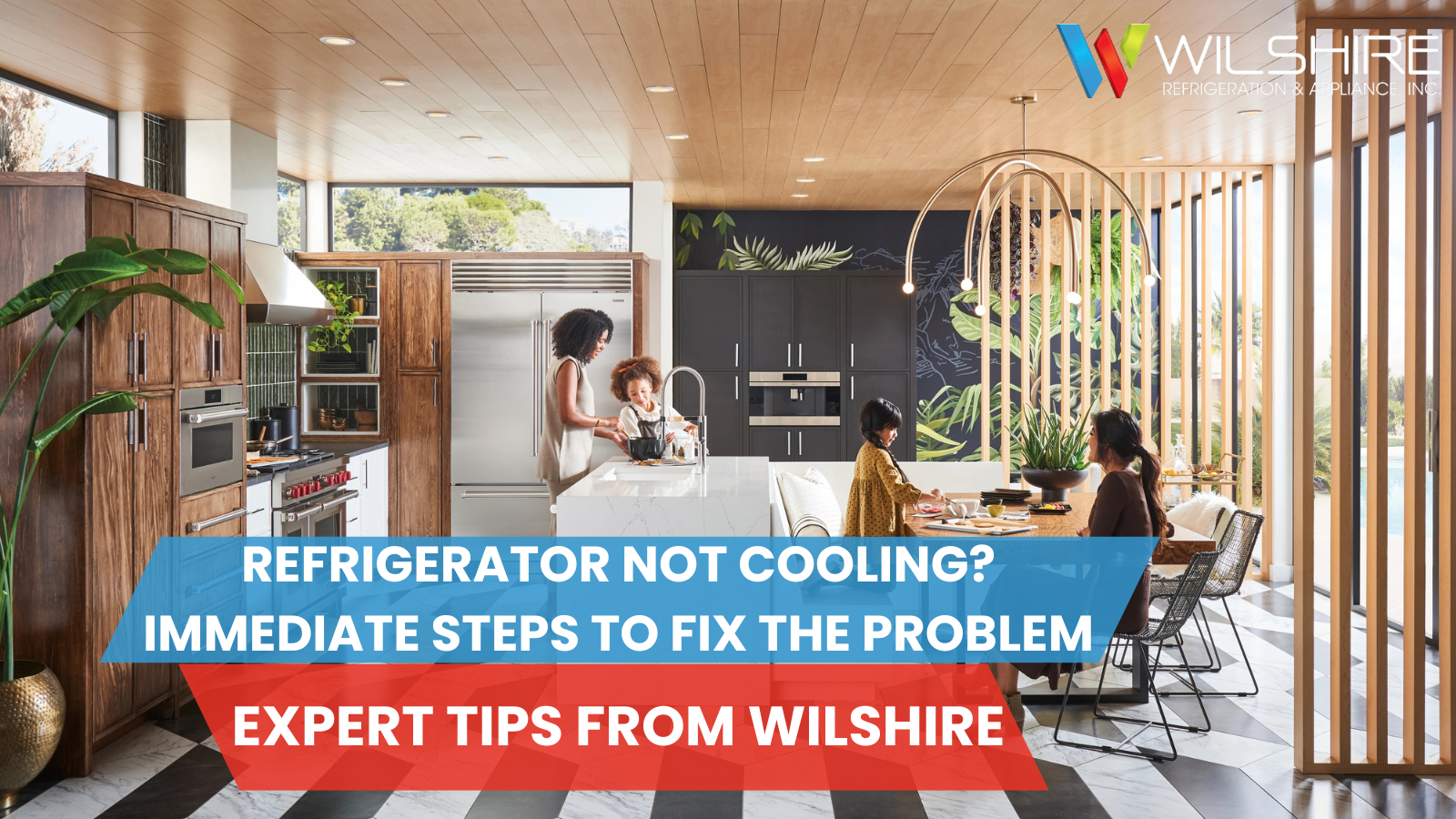 Women and their kids in a luxury kitchen with luxury appliances.