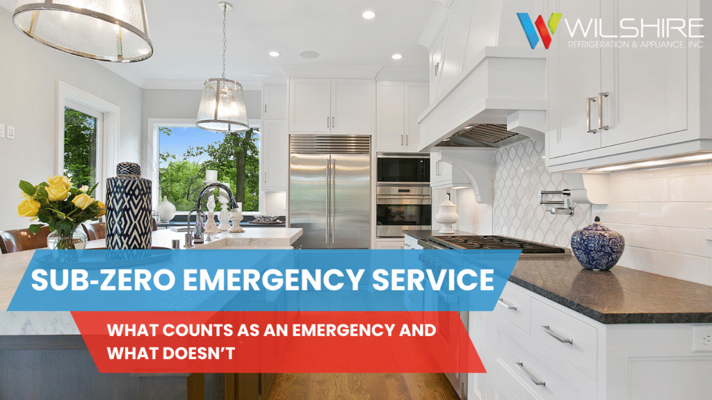 Luxury kitchen with an open Sub-Zero refrigerator, used to highlight emergency repair scenarios.