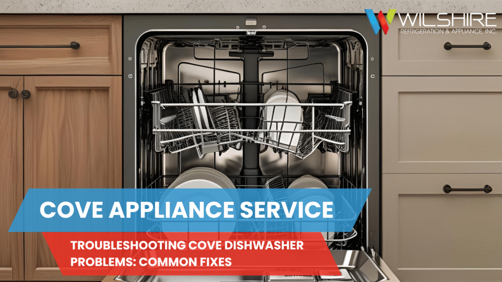 Woman inspecting an open Cove dishwasher, highlighting troubleshooting or repair issues.