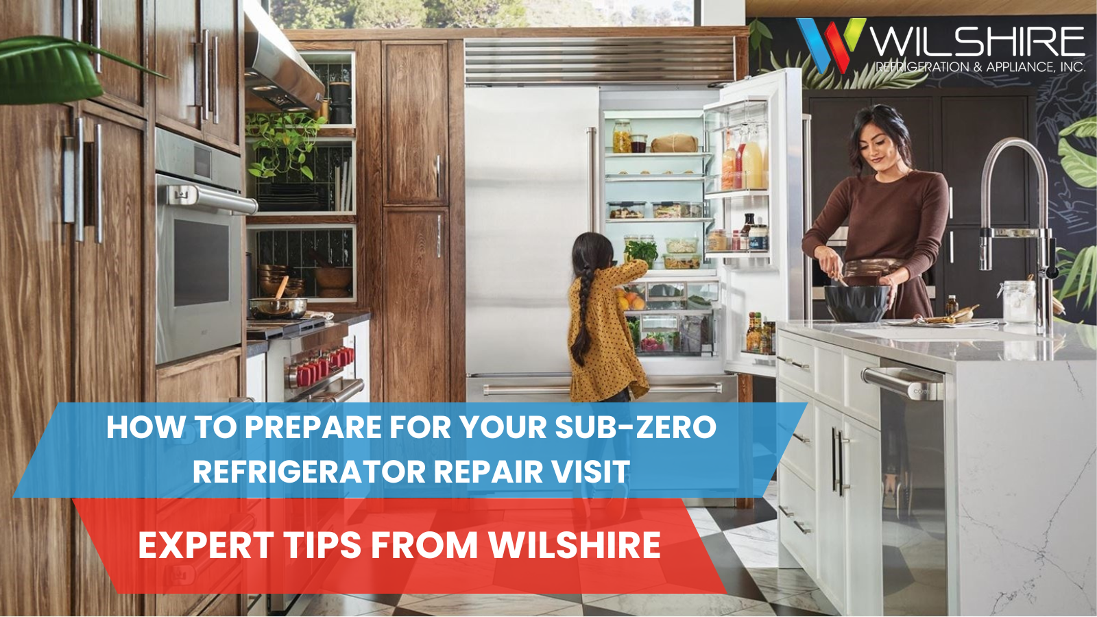 Mother and child in kitchen with Sub-Zero refrigerator