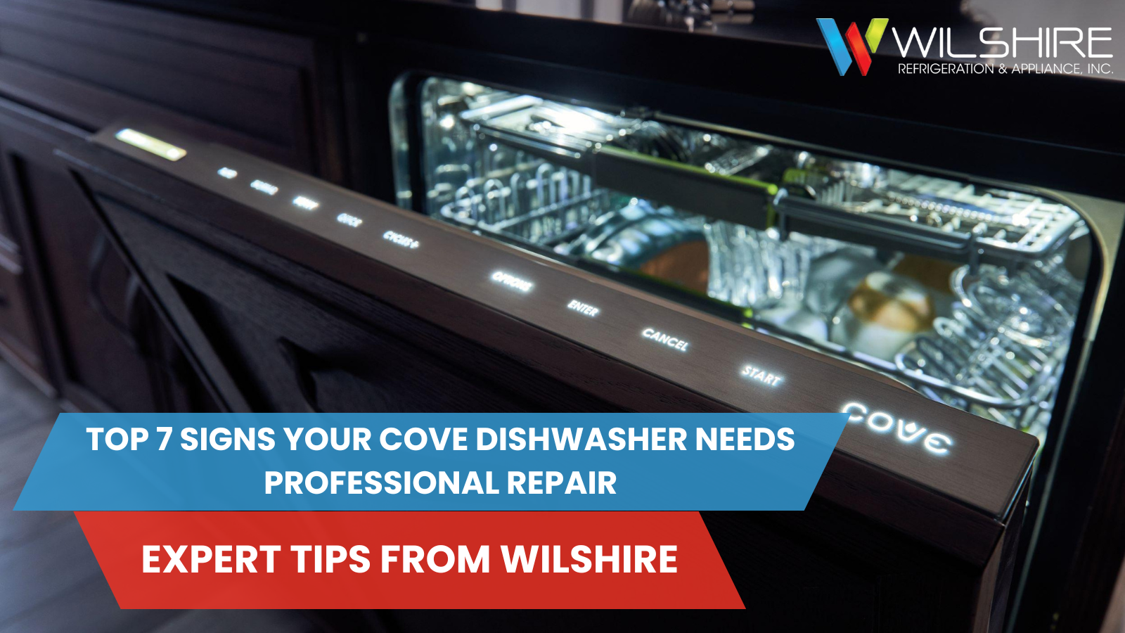 Close up of cove dishwasher in the dark.