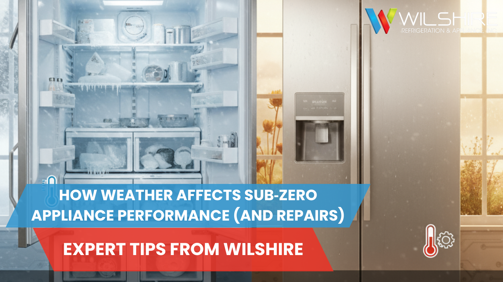 Side by side images of refrigerators, depicting different weathers.