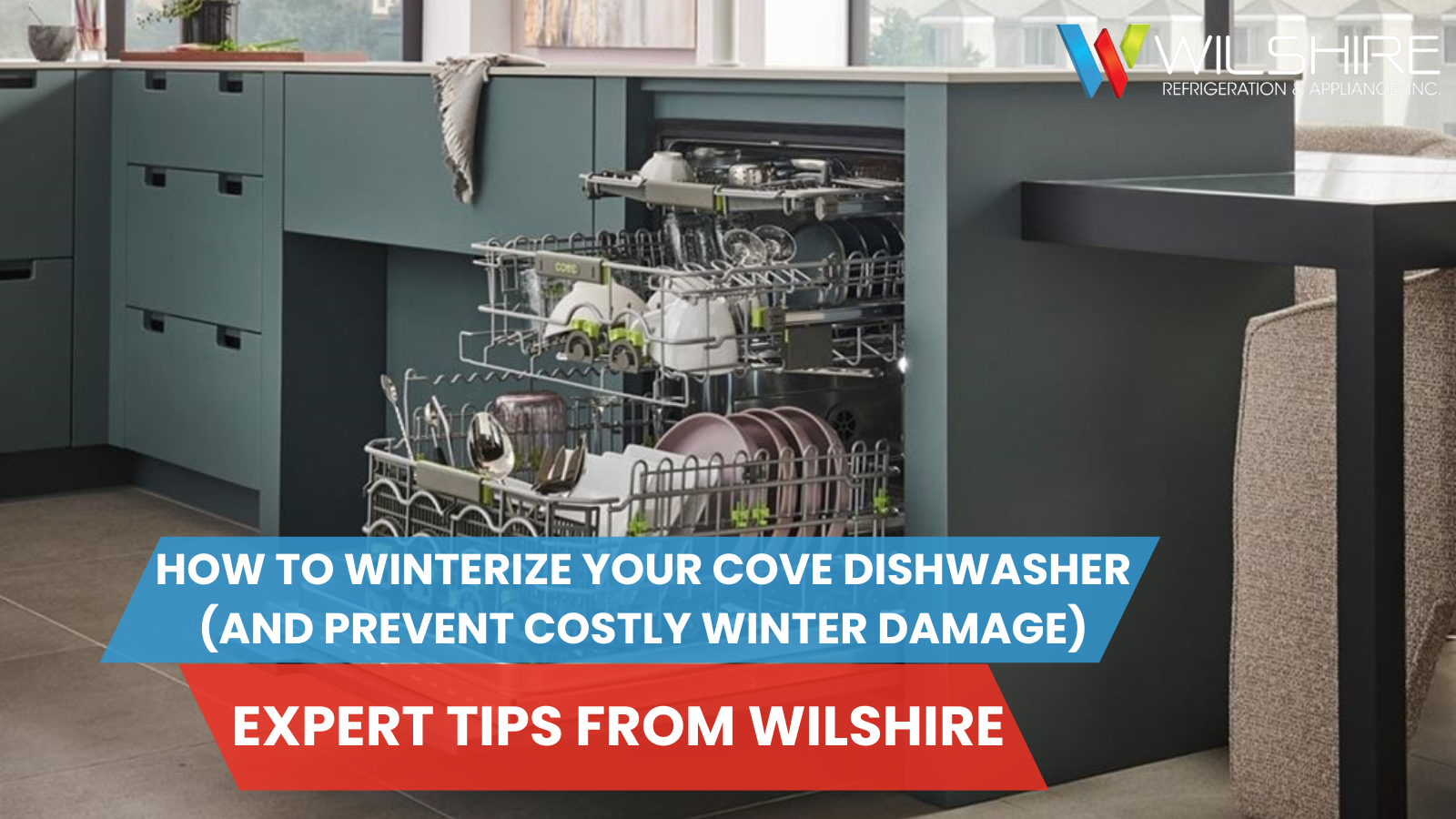 An open Cove dishwasher in a kitchen.