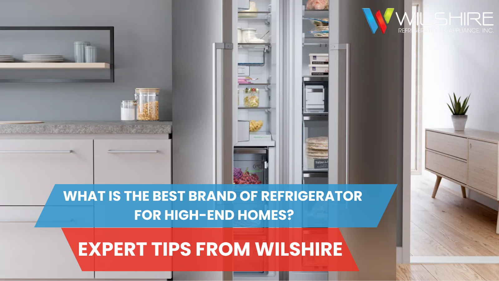 A stainless steel refrigerator with its doors open showing various food items inside, set in a modern kitchen.