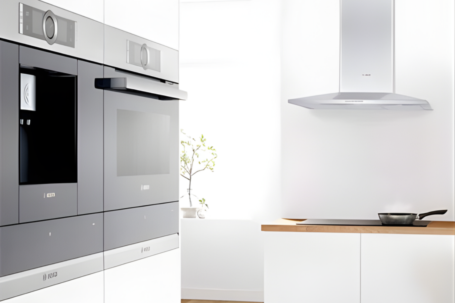 A minimalist kitchen design showcasing sleek, built-in grey glass appliances, including wall ovens and a coffee system on the left, next to a modern stainless steel range hood positioned over a cooktop.