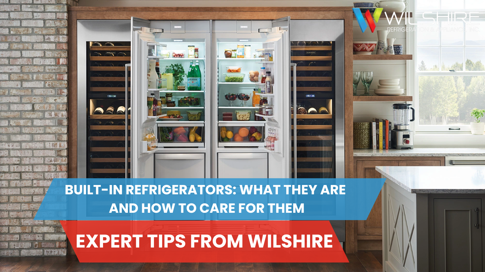 The bright interior of a refrigerator and wine cooler with open doors in a modern kitchen.