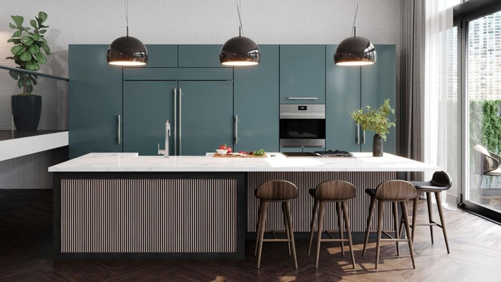 A kitchen features a large island with wood stools, pendant lights, and blue cabinets.