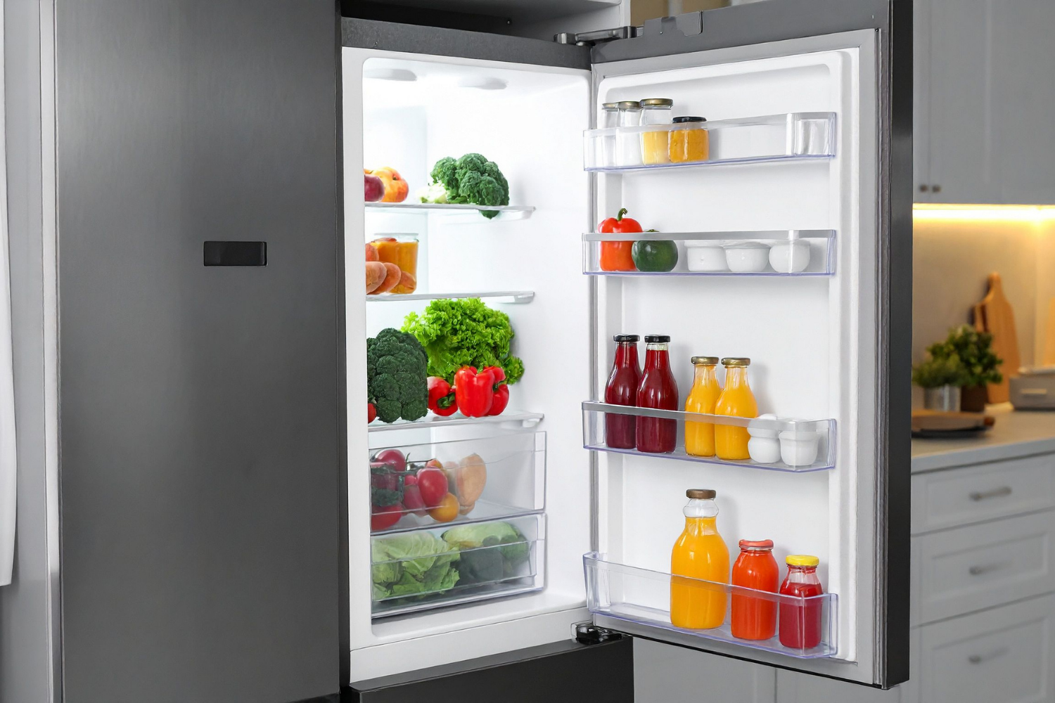 An open dark grey refrigerator stocked with neatly organized fresh produce, including broccoli, peppers, and lettuce, alongside various bottled juices and condiments on the shelves and door racks.