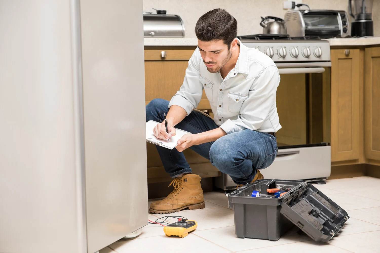 Appliance technician crouching next to a fridge with a toolbox and multimeter, writing notes about the refrigerator lifespan