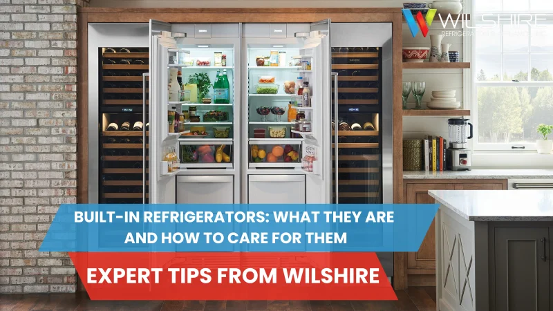 The bright interior of a refrigerator and wine cooler with open doors in a modern kitchen.