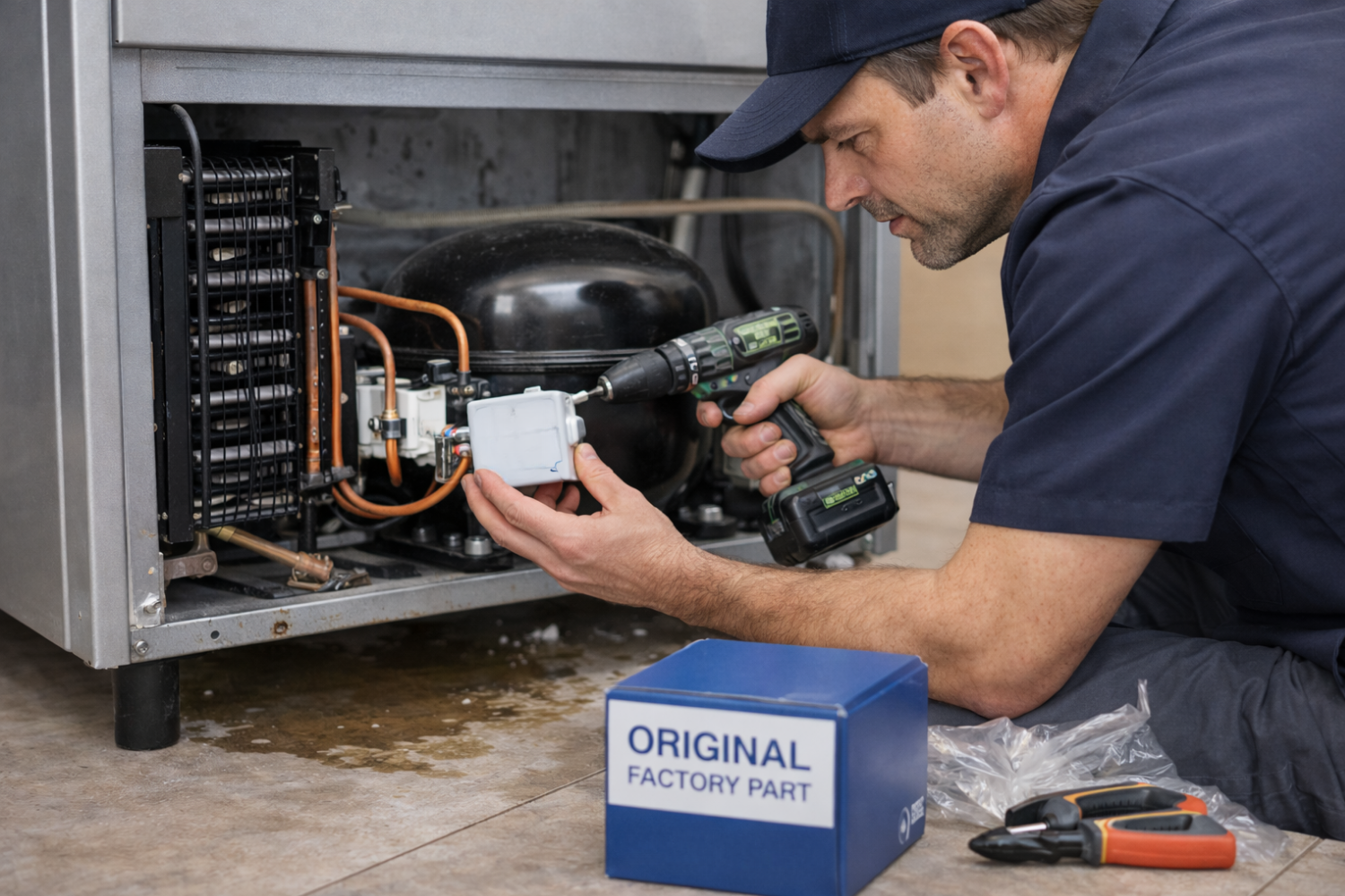 Factory-certified freezer repair technician installing genuine OEM parts to extend appliance life 