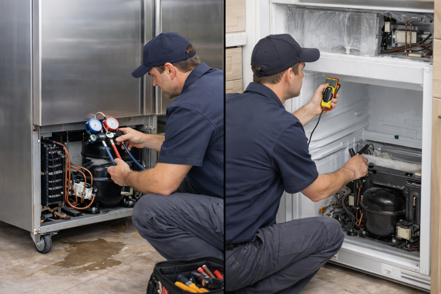 Technician servicing a commercial freezer and a Sub-Zero freezer to highlight different freezer repair needs.