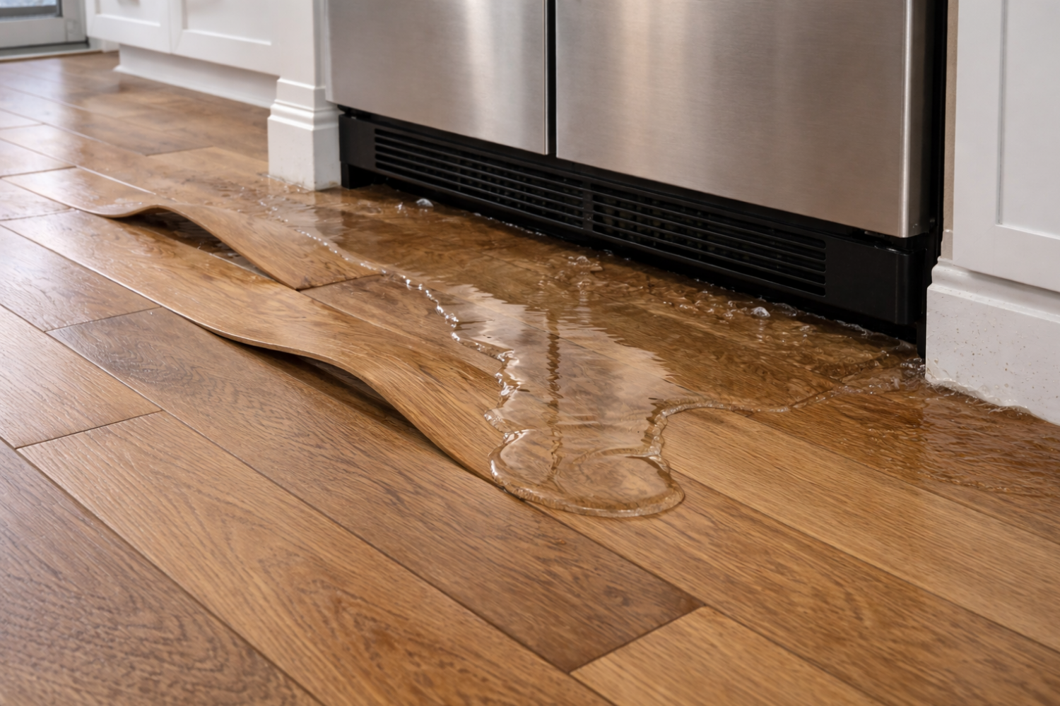 Warped hardwood flooring and baseboards next to a fridge leaking water