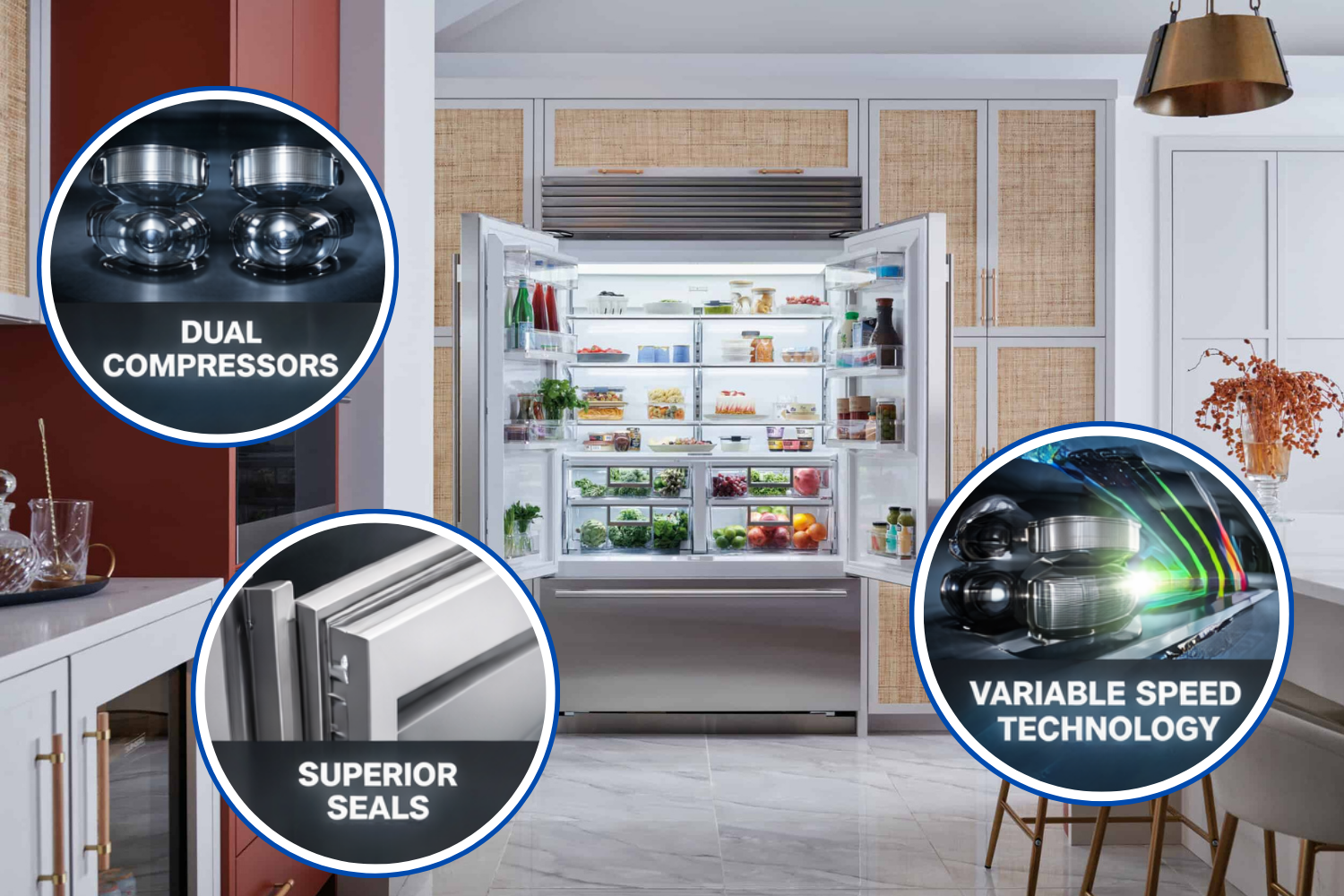 Open refrigerator with insets highlighting dual compressors, superior seals, and variable speed technology.