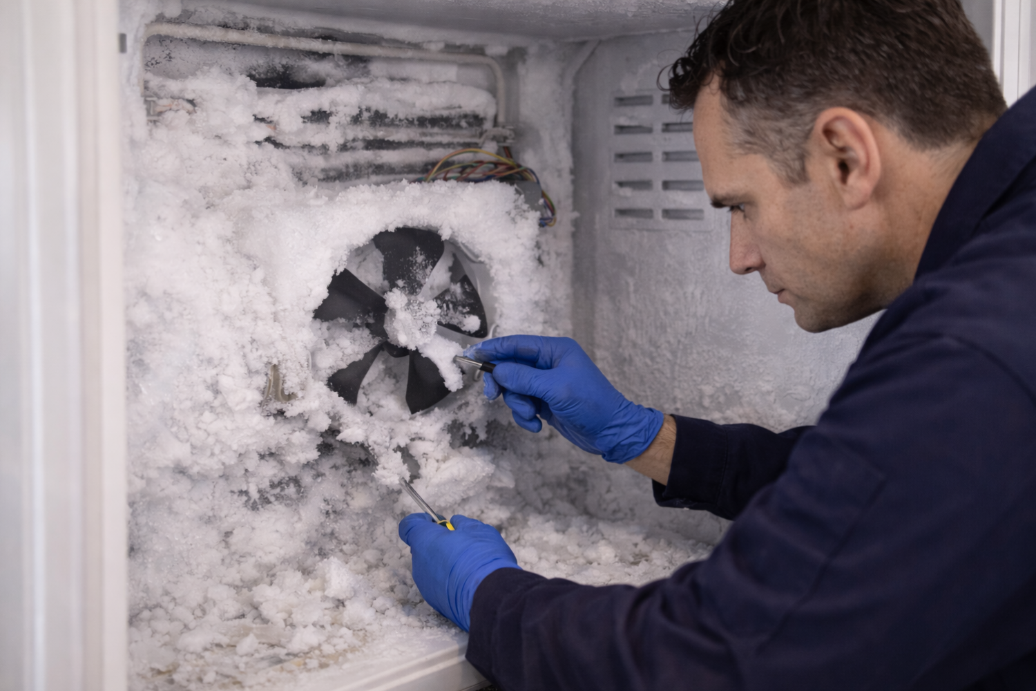 Technician removing ice buildup from an evaporator fan during routine freezer maintenance.