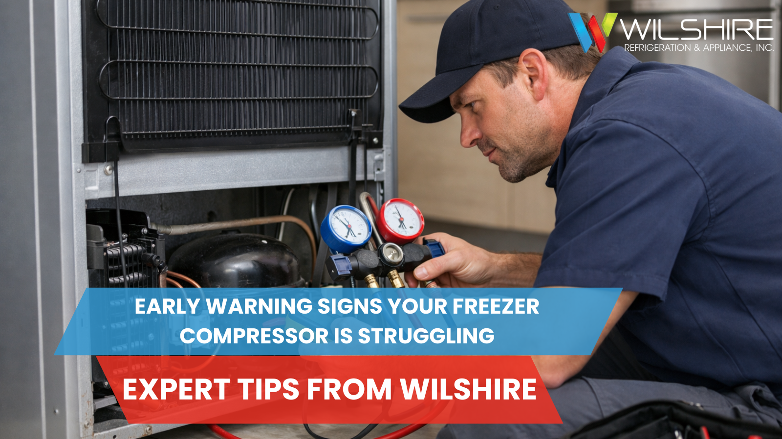 Technician inspecting a freezer compressor during a freezer repair service.