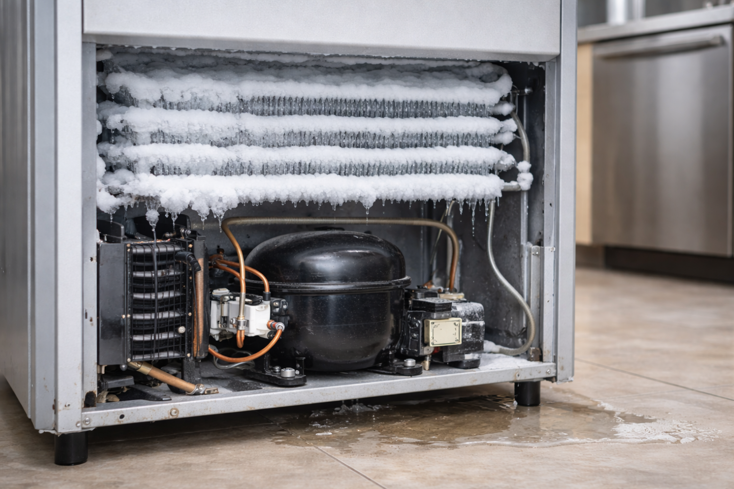Freezer with heavy frost on coils and a small puddle under the unit indicating system stress and need for repair.