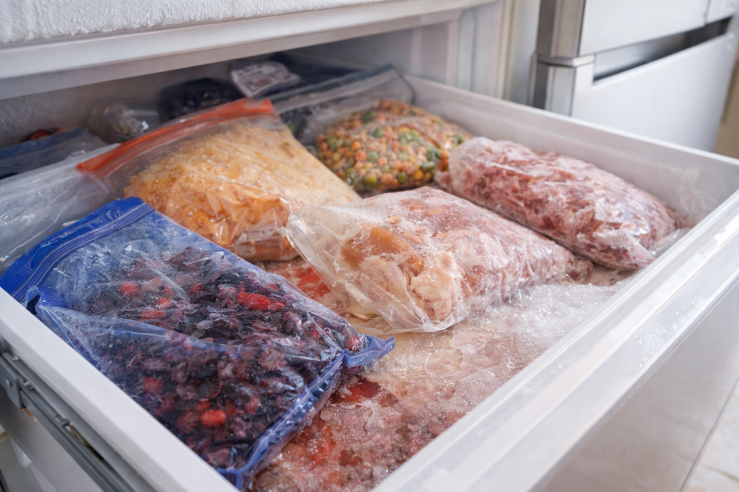 Open freezer showing soft, thawing food as a sign of compressor trouble requiring freezer repair service.