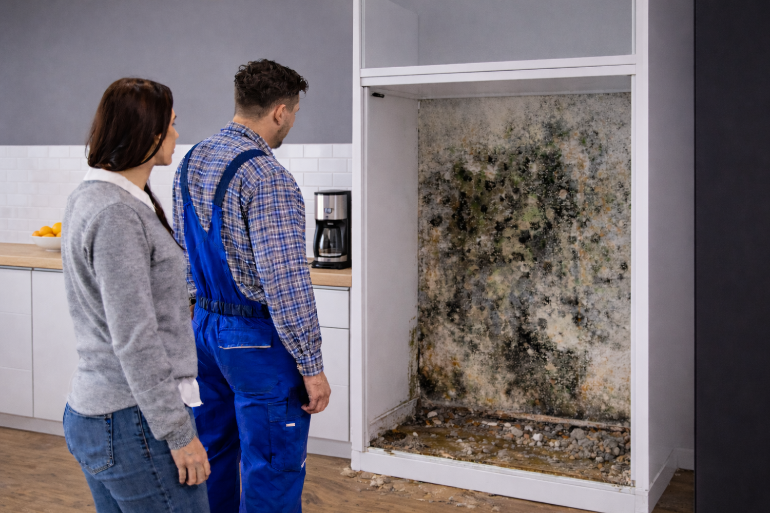 Hidden mold and wall damage behind a refrigerator leaking water on the floor.