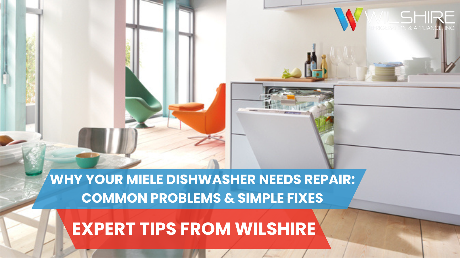 An open Miele dishwasher inside a modern kitchen.