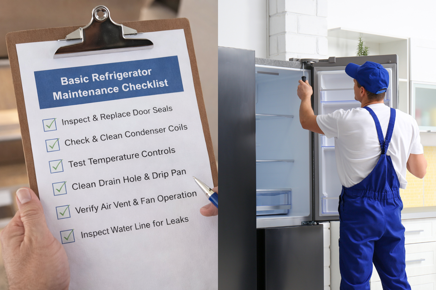 Side-by-side view of a basic refrigerator maintenance checklist and a factory-certified technician inspecting internal components.