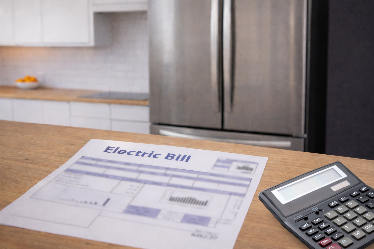 Energy-efficient refrigerator after maintenance with a lower utility bill displayed on a kitchen counter.