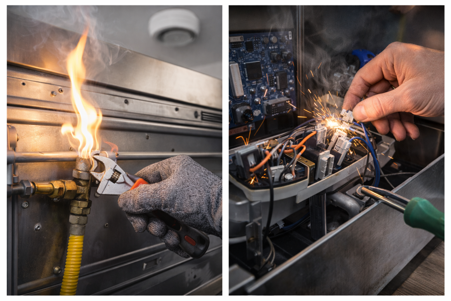 Split image showing flaming gas pipe and sparking circuit board during unsafe maintenance.