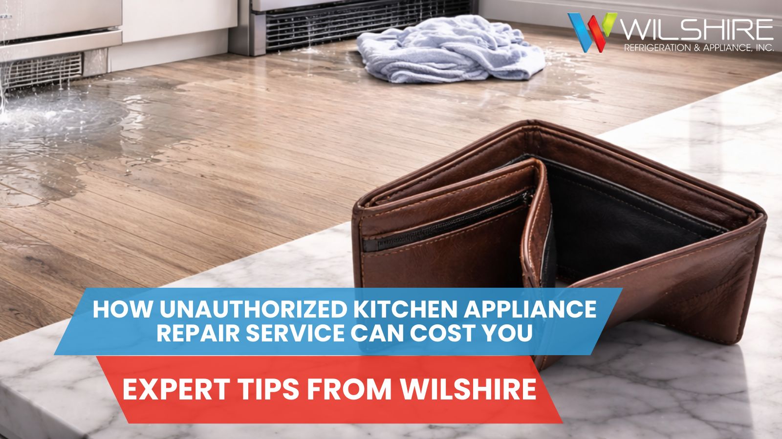 Water leaking from dishwasher onto wood floor with empty wallet on marble counter.