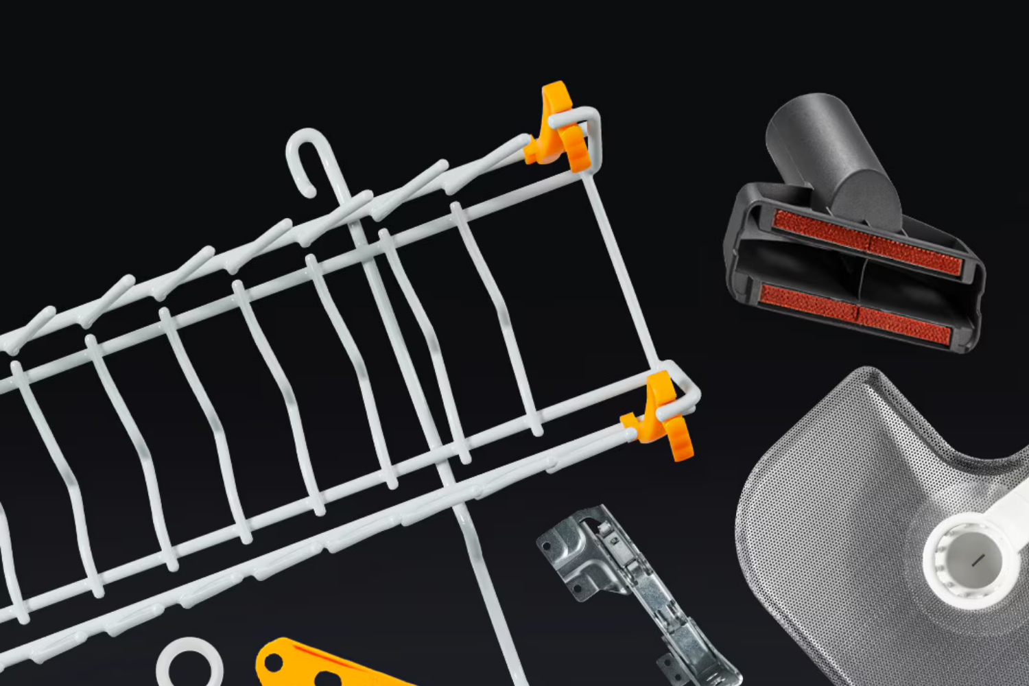 A collection of appliance parts including a white wire rack with orange clips, a vacuum cleaner brush head, a metal hinge, and a mesh filter bag.