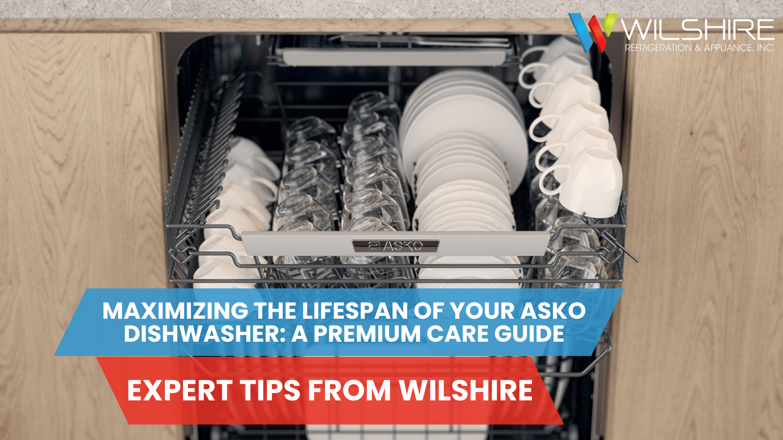 A top-down view of an open dishwasher rack filled with clean dishes, including plates, glasses, and mugs.