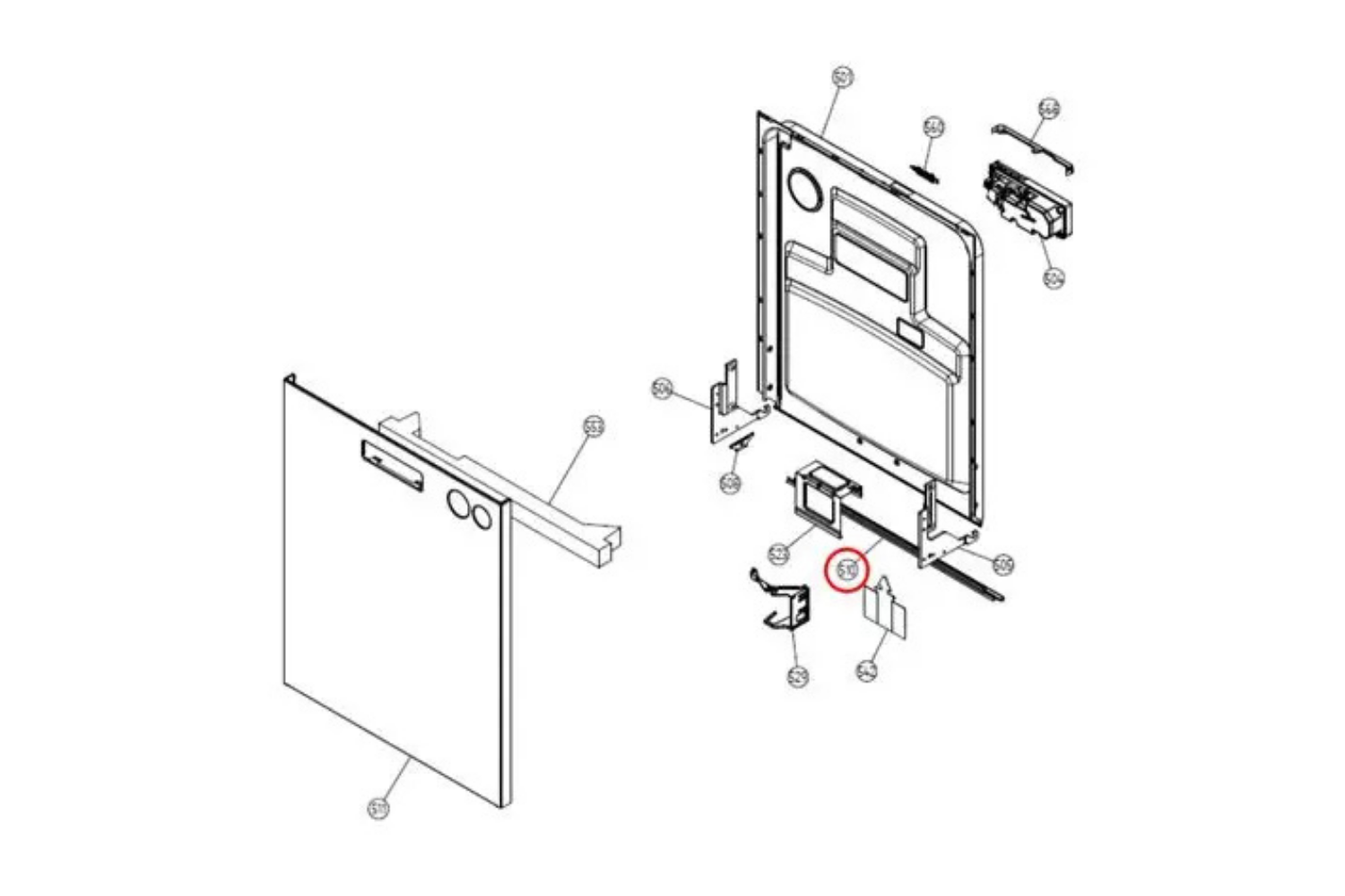 Exploded diagram of dishwasher door assembly with labeled parts.