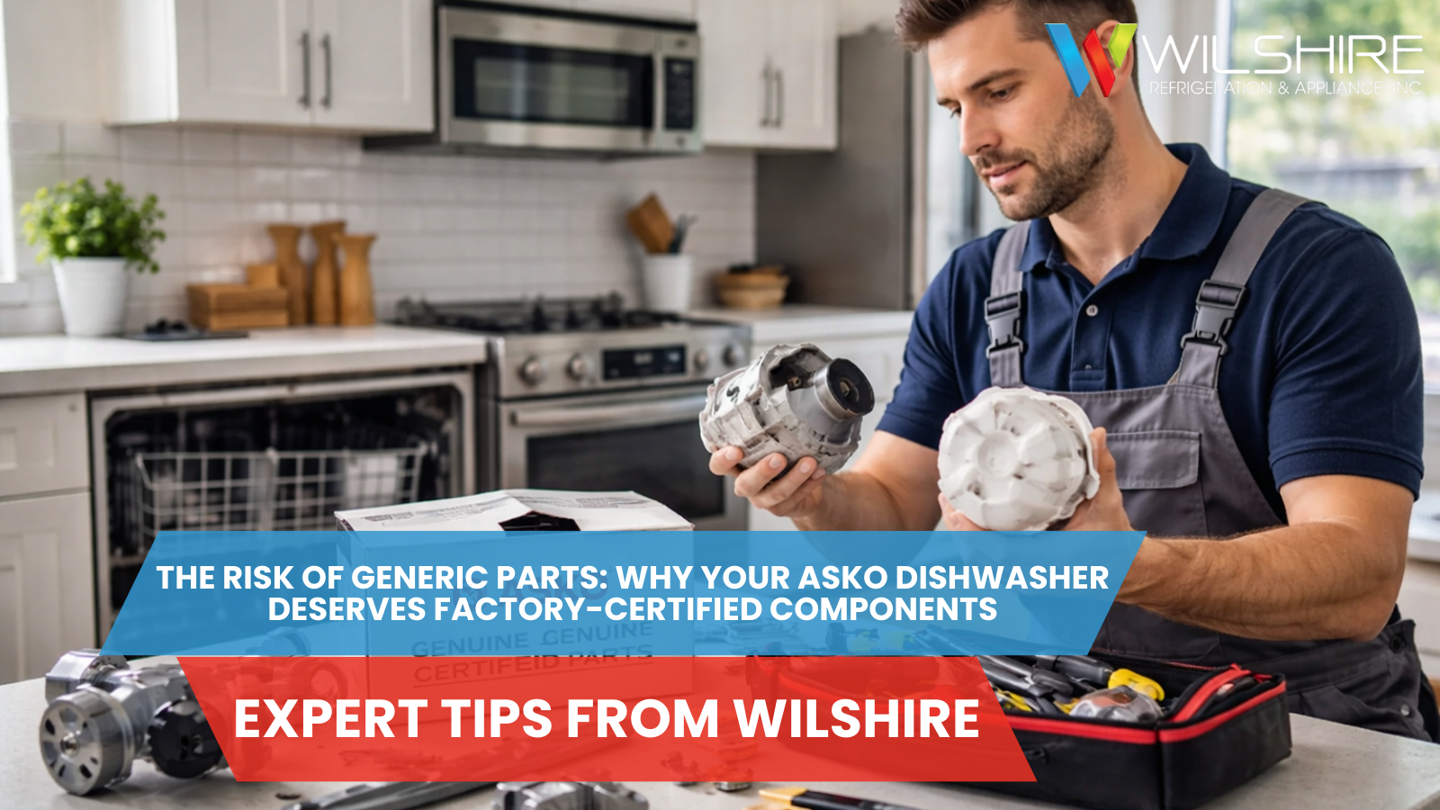 Technician inspects certified dishwasher components in kitchen.