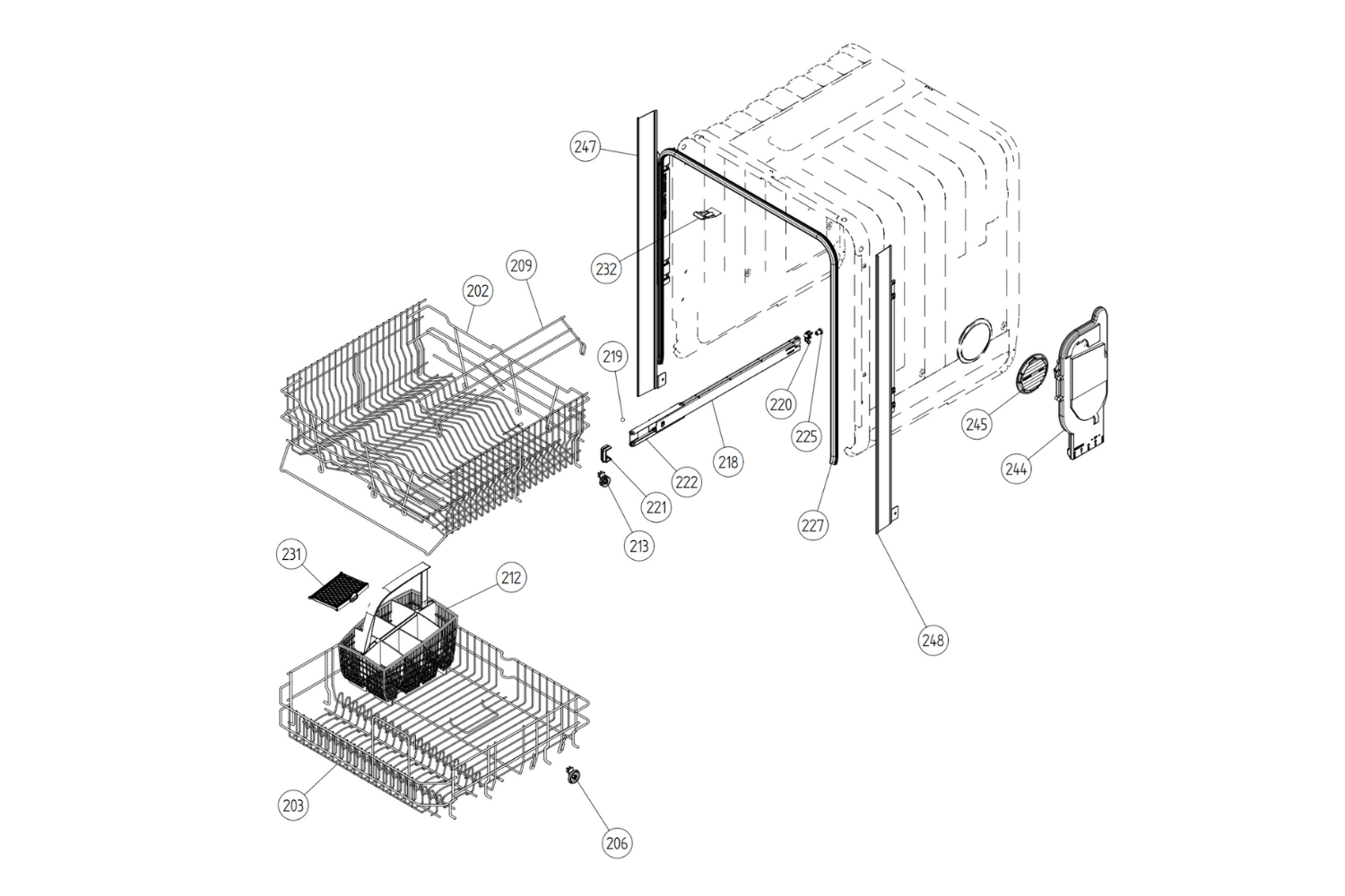 Labeled diagram showing dishwasher parts and assembly layout.