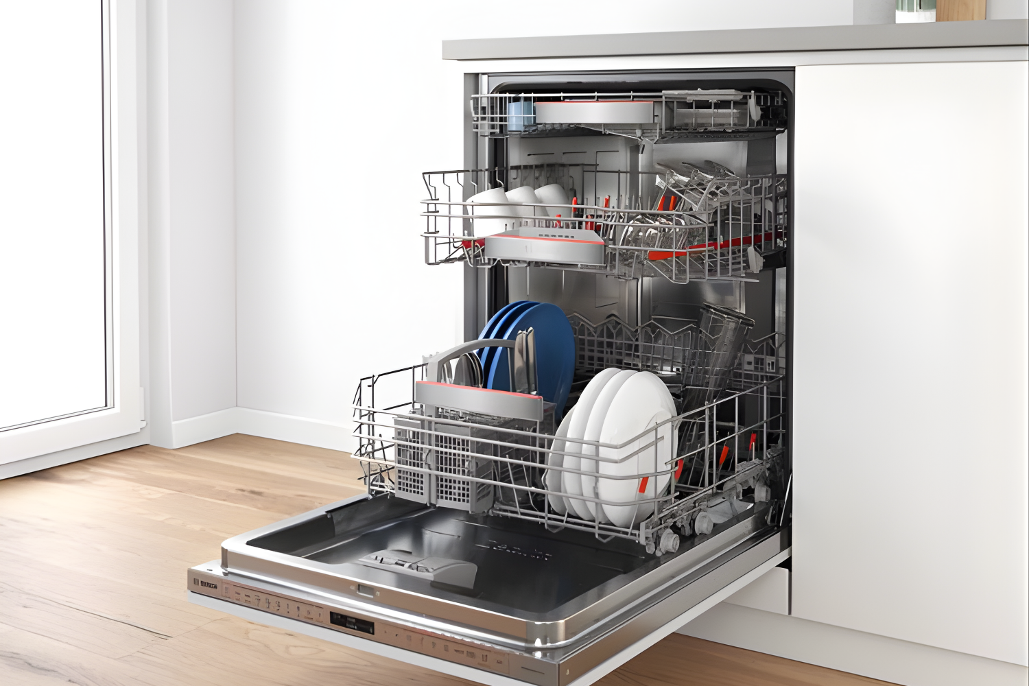 An open dishwasher filled with clean dishes, including plates, bowls, and cups, neatly arranged in the racks.