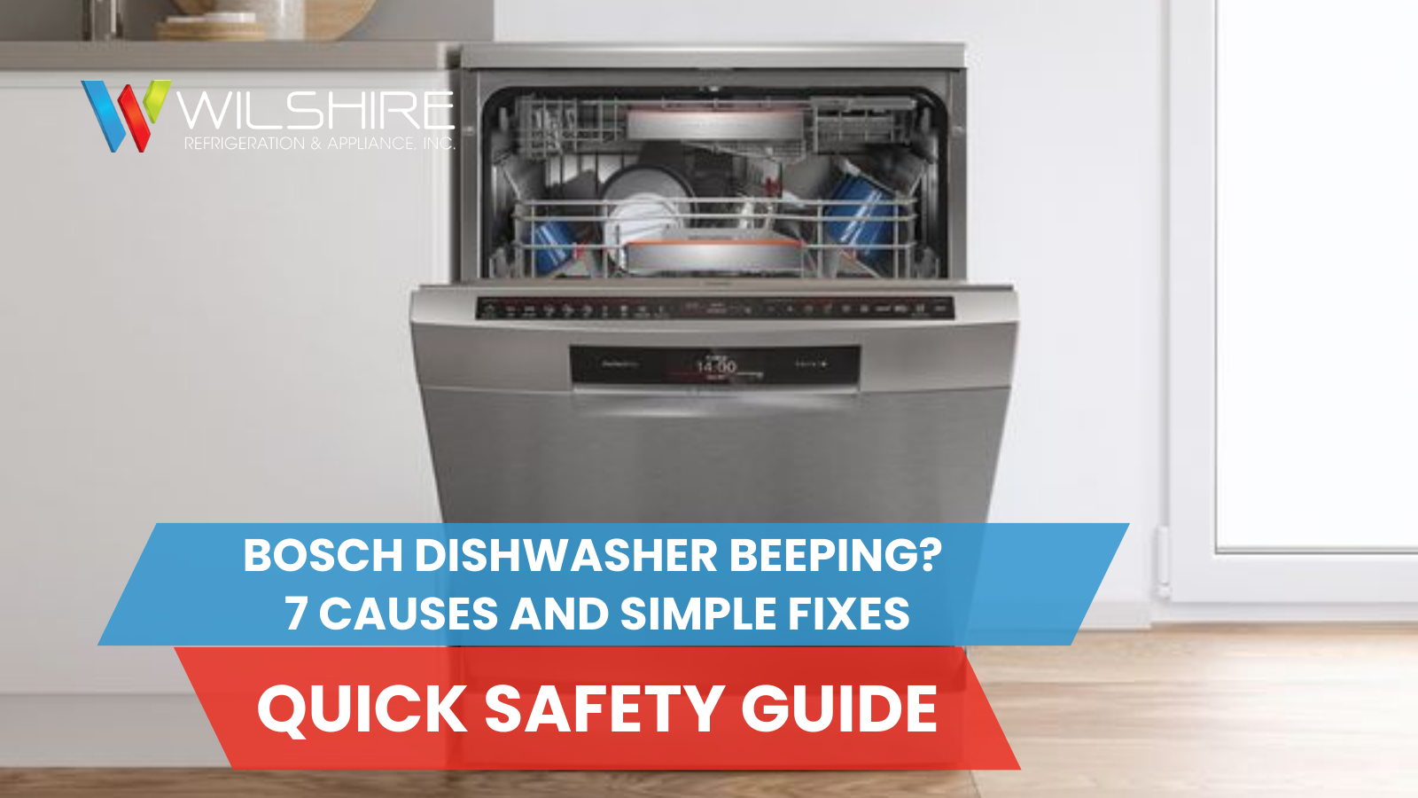 An open stainless steel dishwasher with dishes inside, set in a modern kitchen.