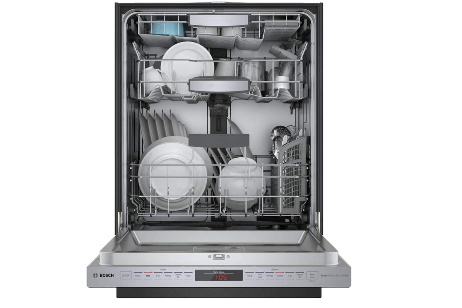 Interior view of a Bosch dishwasher loaded with white dishes, glassware, and silverware. The dishwasher is open, and the control panel at the bottom displays "1:05" for cycle status.