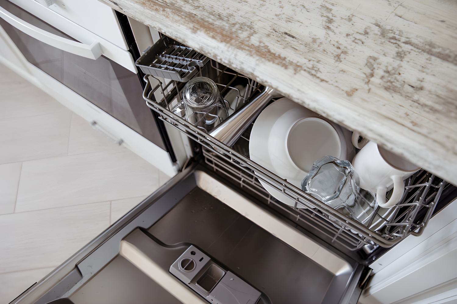 A dishwasher rack filled with clean dishes, including glasses, plates, and a mug, sits above the open dishwasher basin.