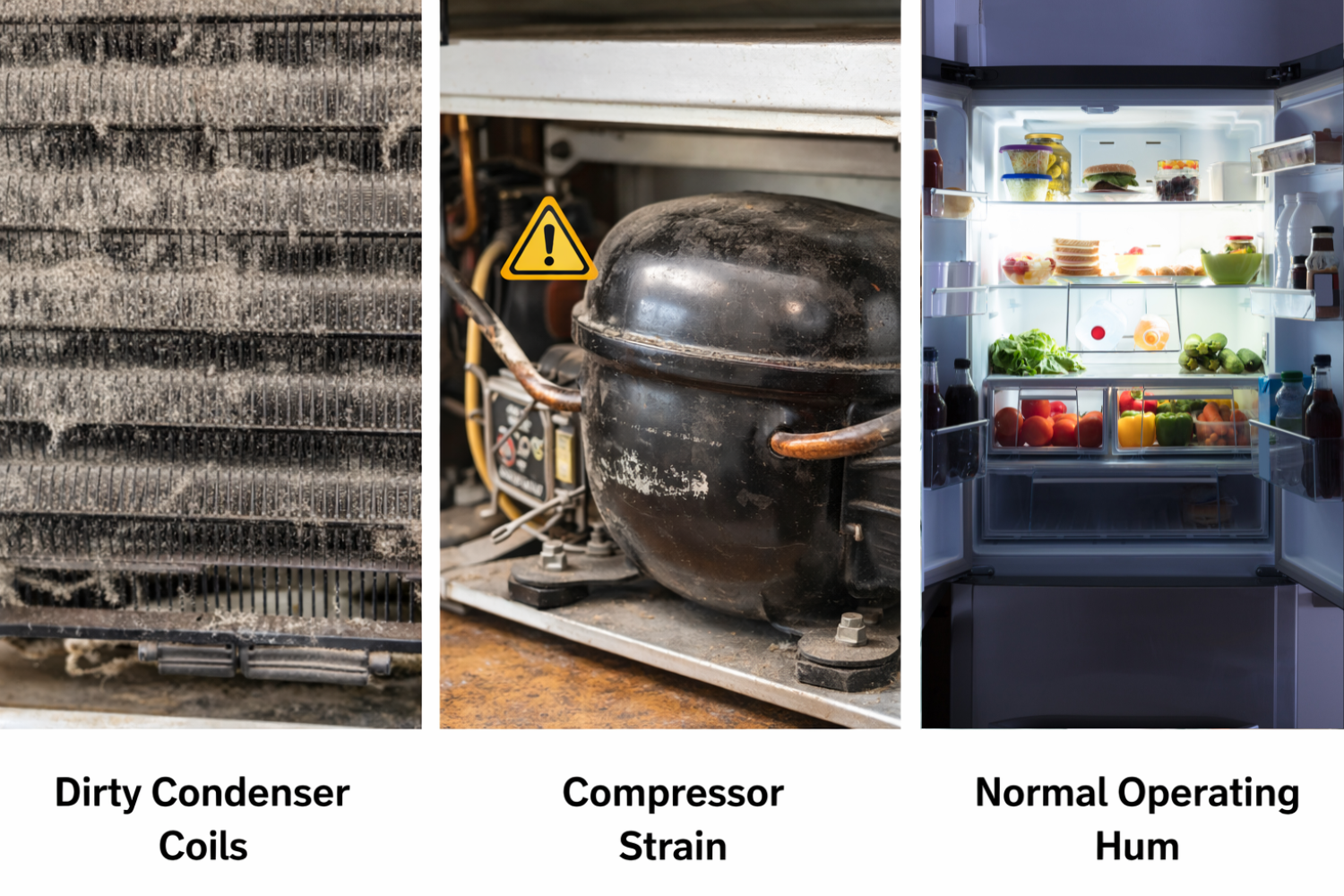 A three-panel image showing dirty refrigerator condenser coils, a strained compressor with a warning sign, and a person listening to a refrigerator humming normally.