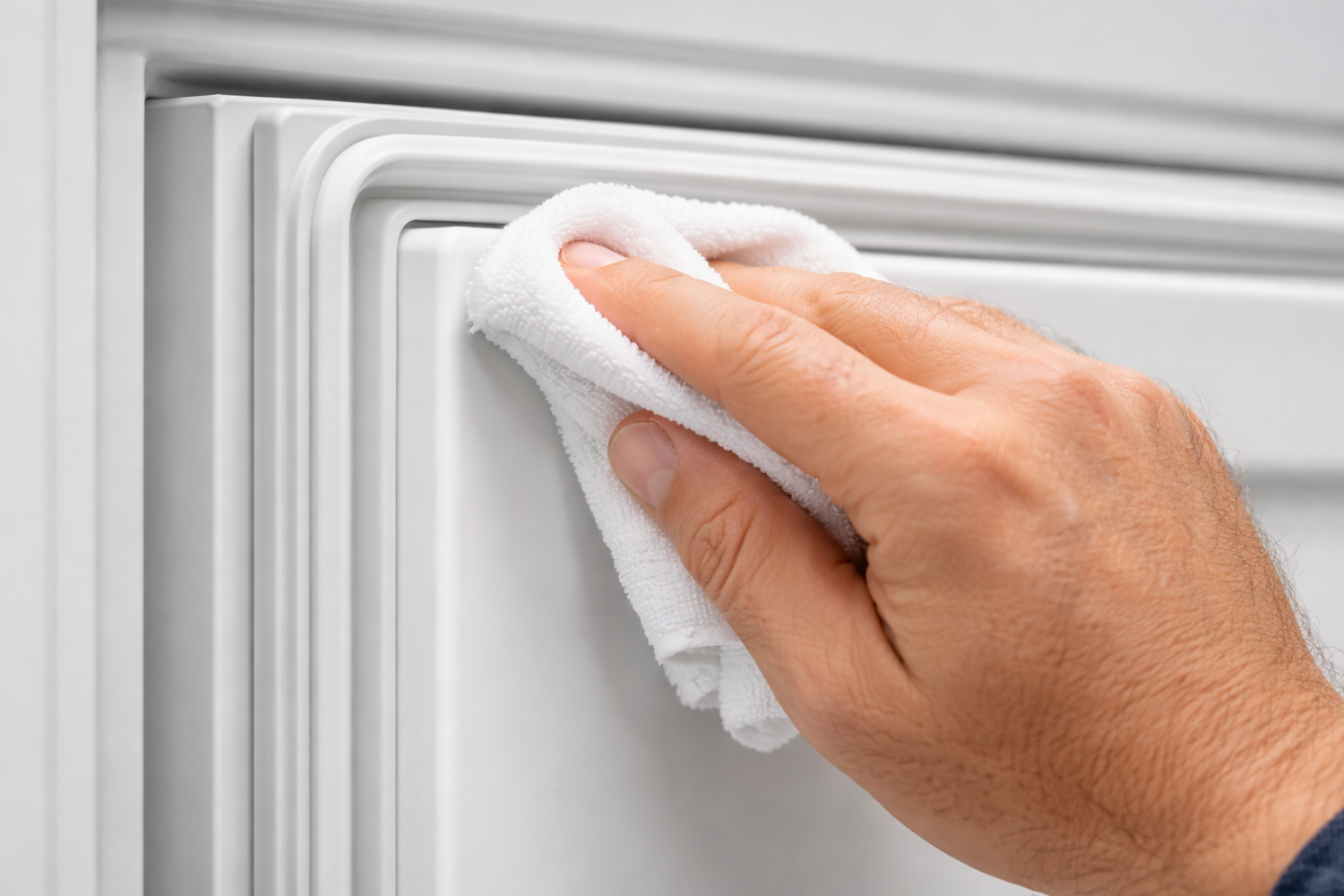 A hand is cleaning the edge of a white refrigerator with a white cloth.
