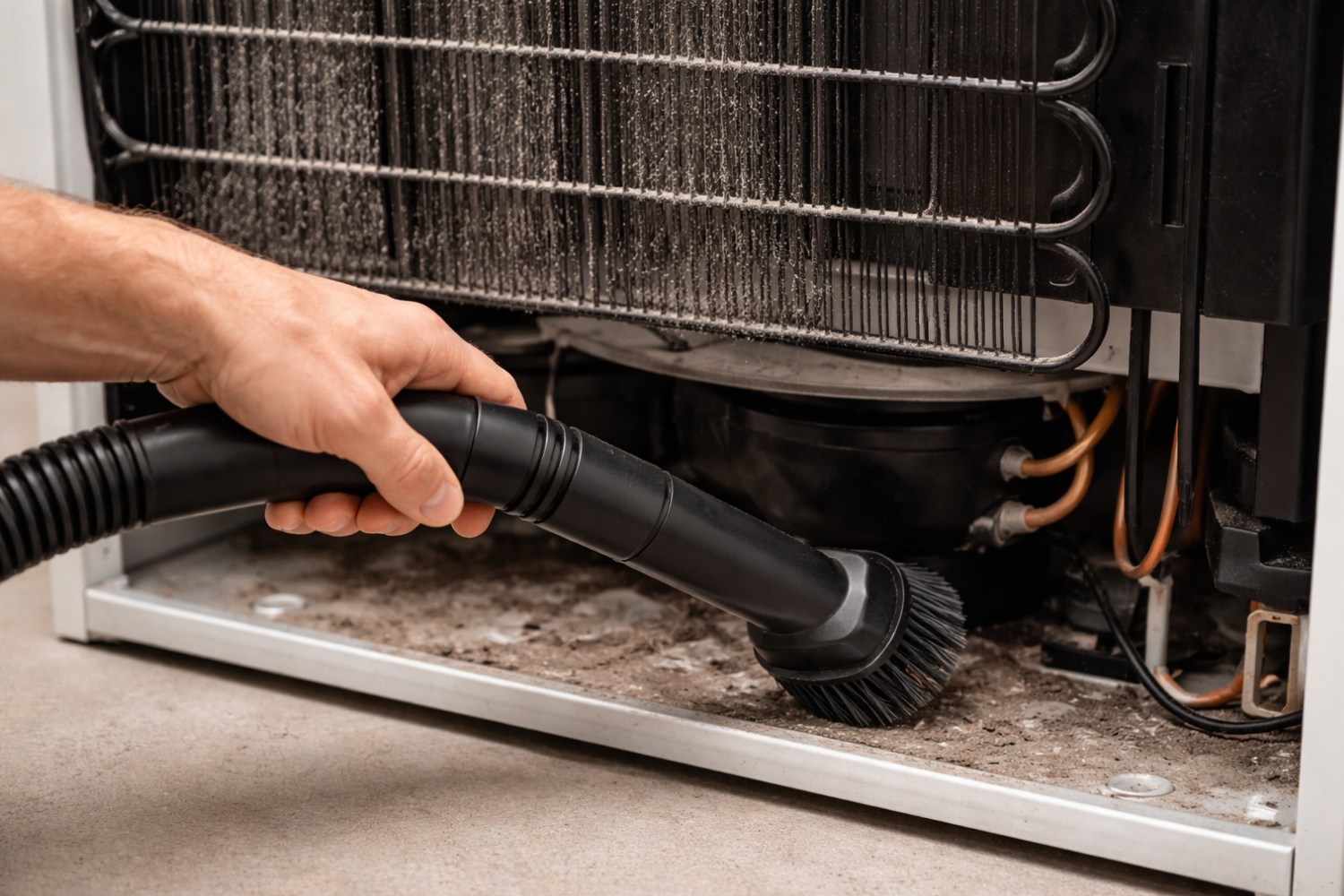 A hand is vacuuming the dirty condenser coils and bottom of a refrigerator with a brush attachment.