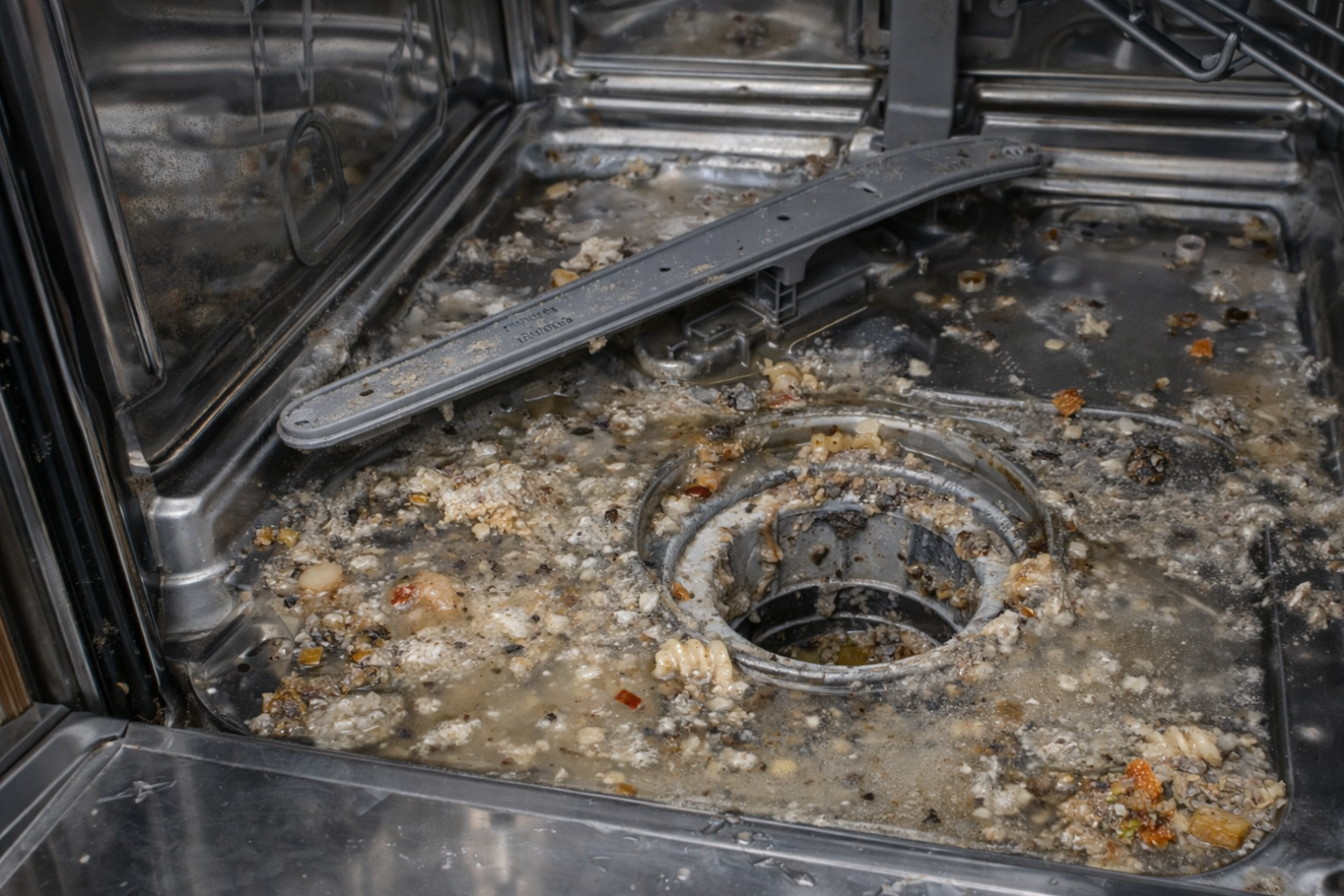 Clogged dishwasher with food debris