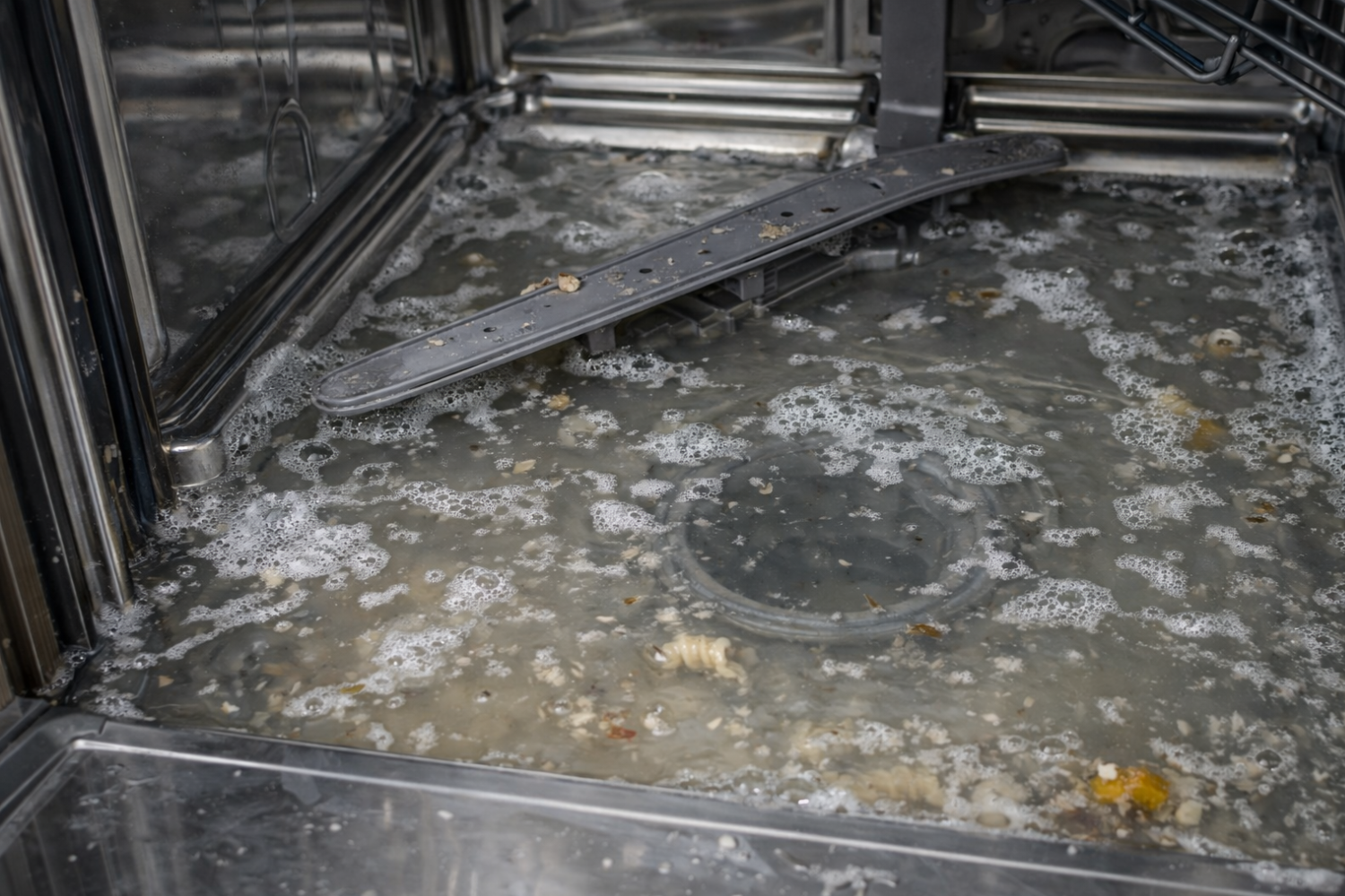 Flooded dishwasher with murky water