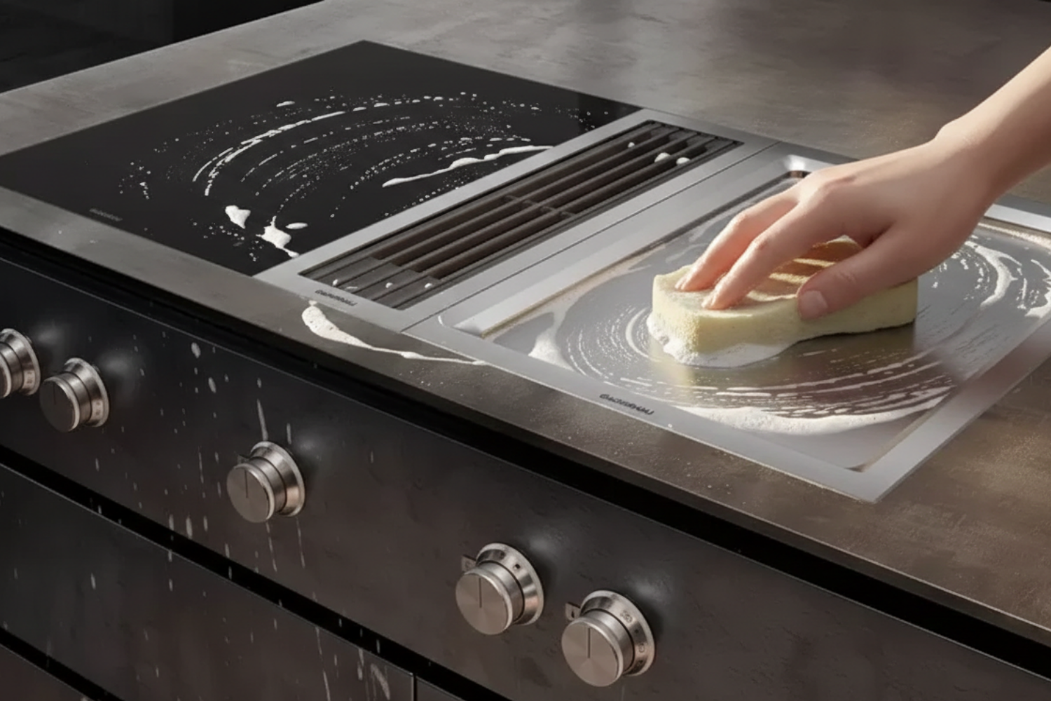 Hand cleaning Gaggenau stovetop with sponge