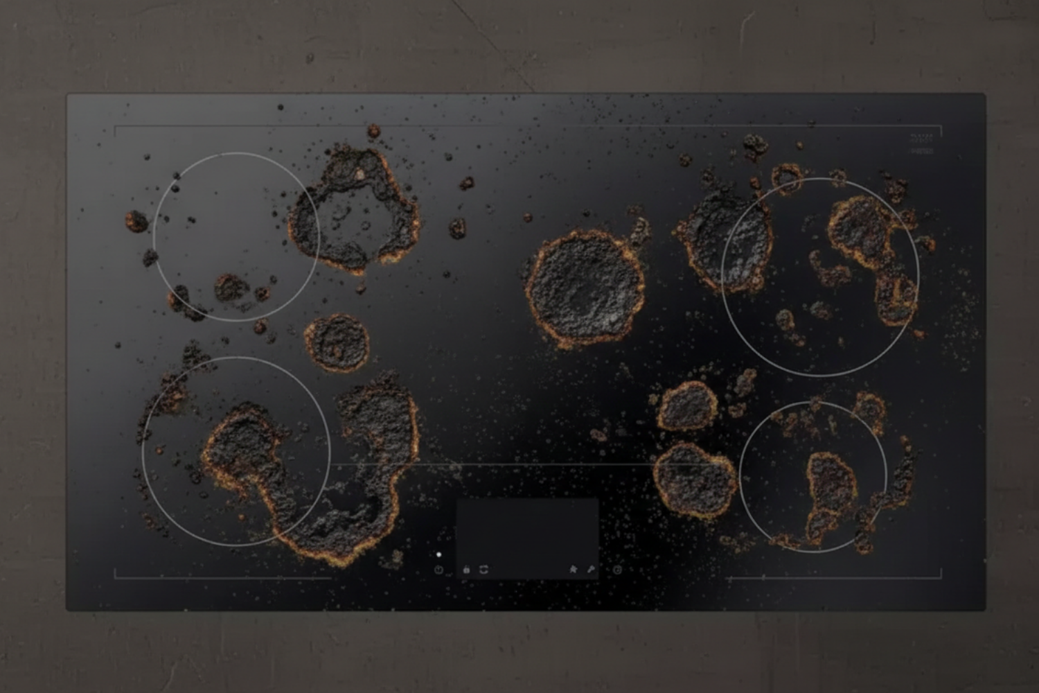 Dirty black electric cooktop with burnt stains