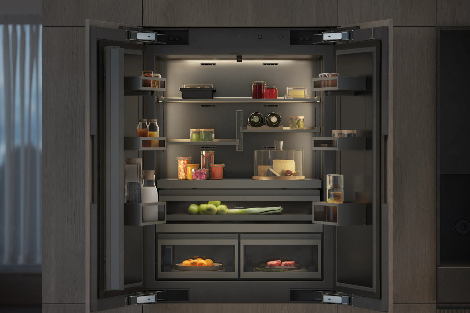 Open Gaggenau refrigerator with wine coolers